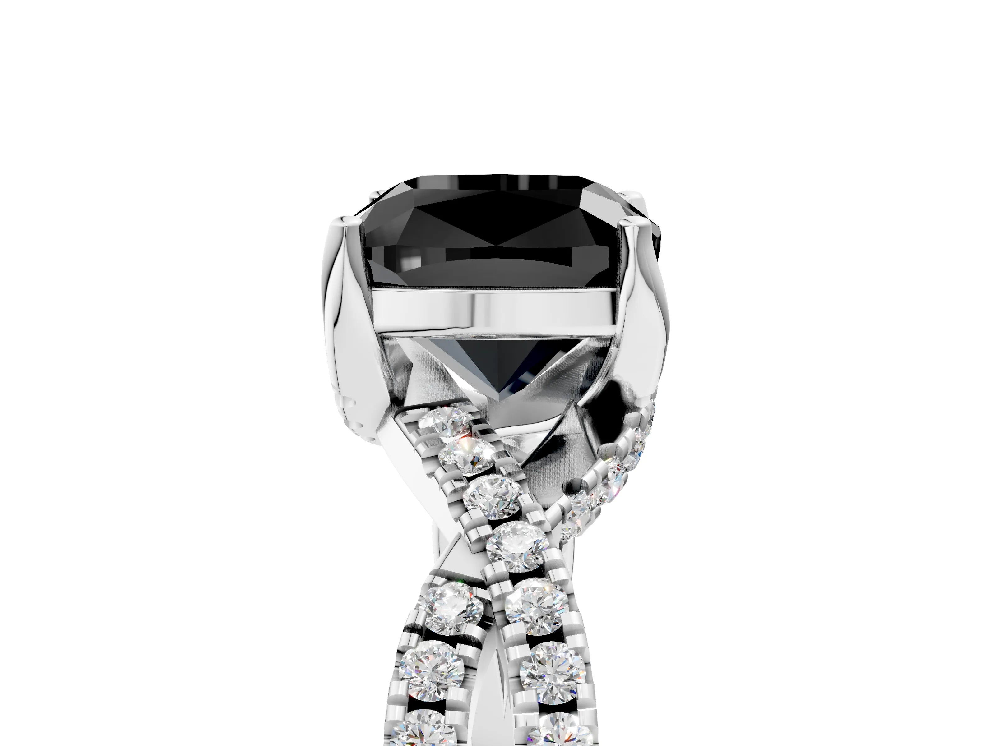White gold Fancy Black Cushion Cut Solitaire Twist Pave Diamond Engagement Ring with Prong Setting_5