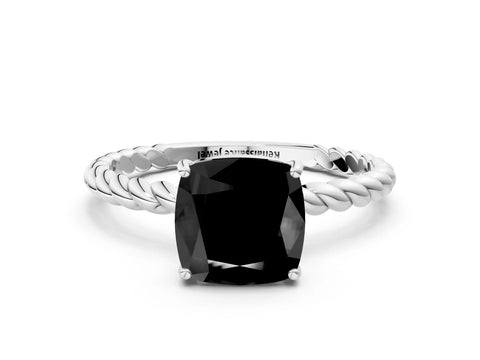 White gold Fancy Black Cushion Cut Solitaire Twisted Band 4-Prong Ring_24
