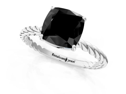 White gold Fancy Black Cushion Cut Solitaire Twisted Band 4-Prong Ring_25