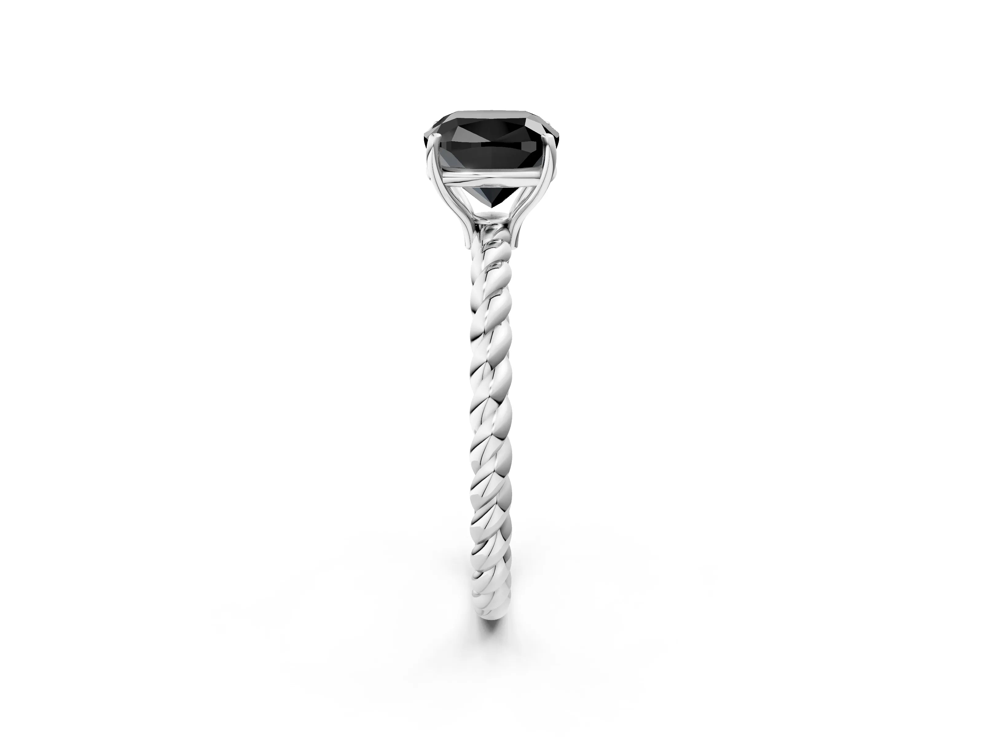 White gold Fancy Black Cushion Cut Solitaire Twisted Band 4-Prong Ring_26