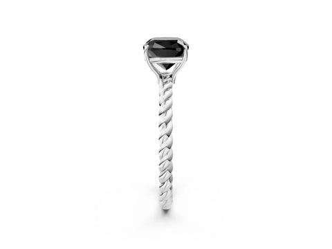 White gold Fancy Black Cushion Cut Solitaire Twisted Band 4-Prong Ring_26