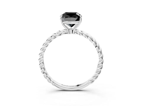 White gold Fancy Black Cushion Cut Solitaire Twisted Band 4-Prong Ring_27
