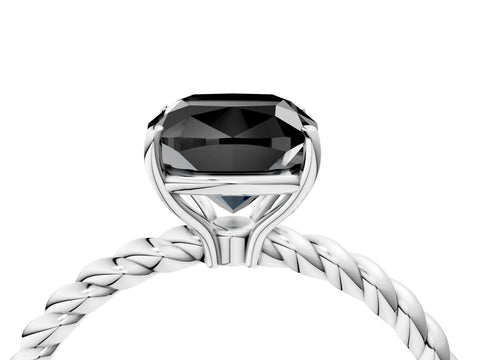 White gold Fancy Black Cushion Cut Solitaire Twisted Band 4-Prong Ring_28
