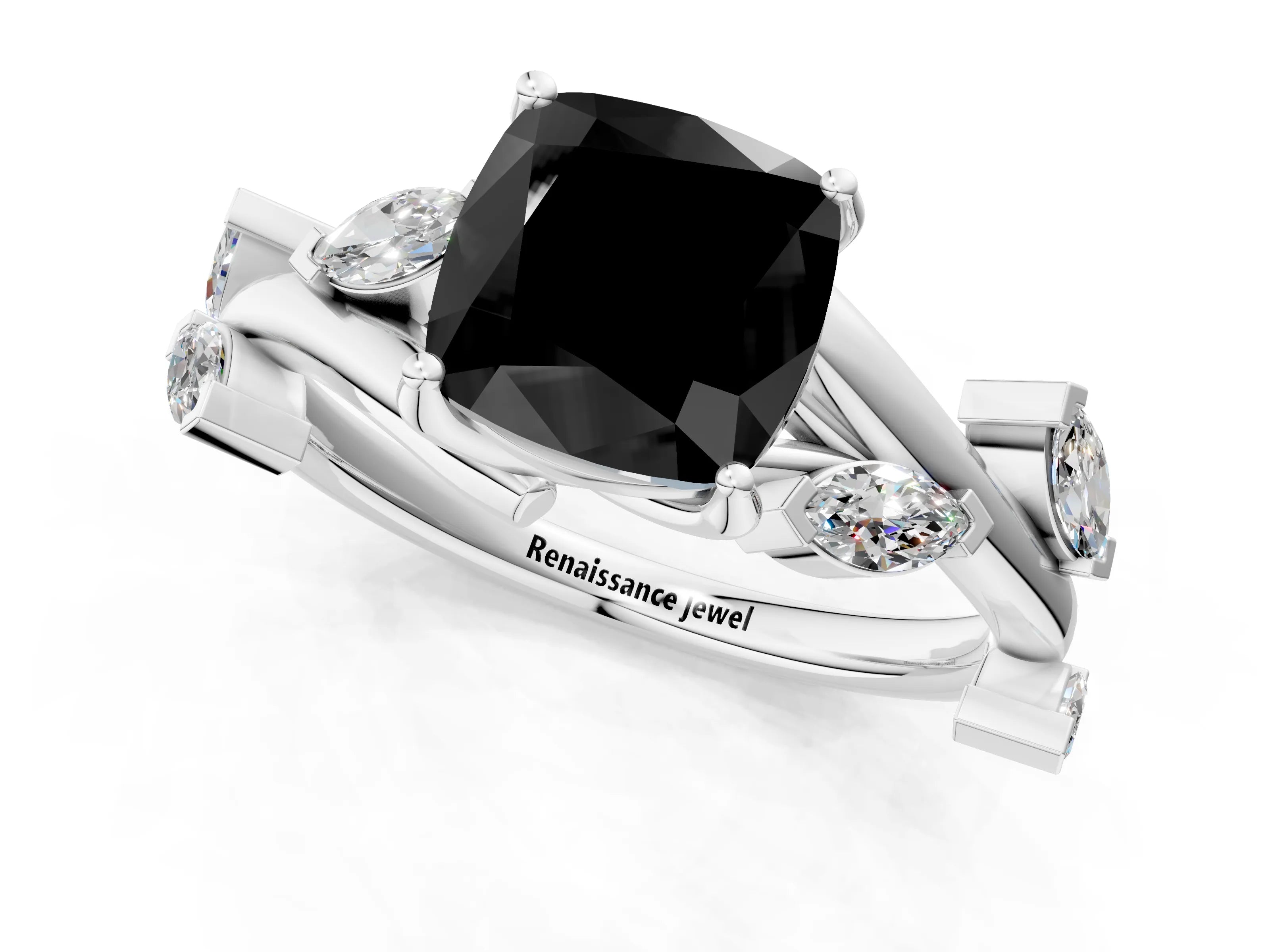 White gold Fancy Black Cushion Cut Solitaire Twisted Band Marquise Accent Prong Setting Ring_1