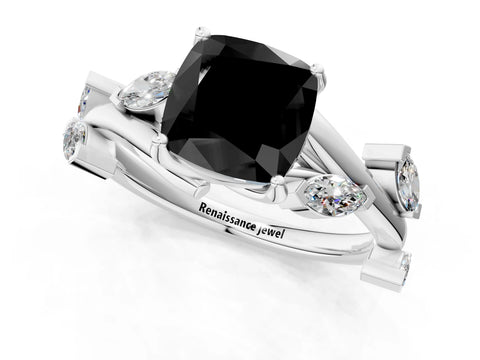 White gold Fancy Black Cushion Cut Solitaire Twisted Band Marquise Accent Prong Setting Ring_1