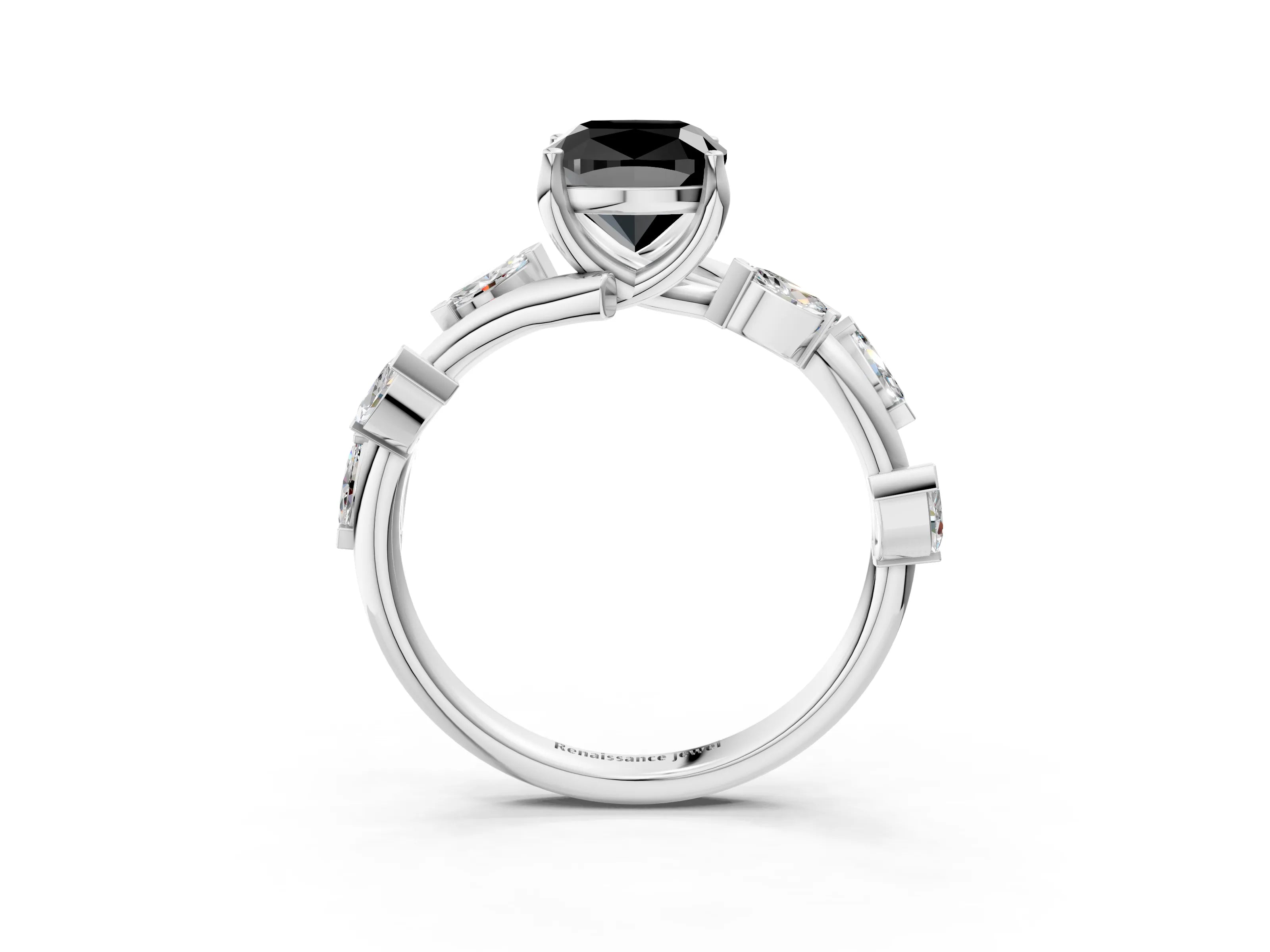 White gold Fancy Black Cushion Cut Solitaire Twisted Band Marquise Accent Prong Setting Ring_3