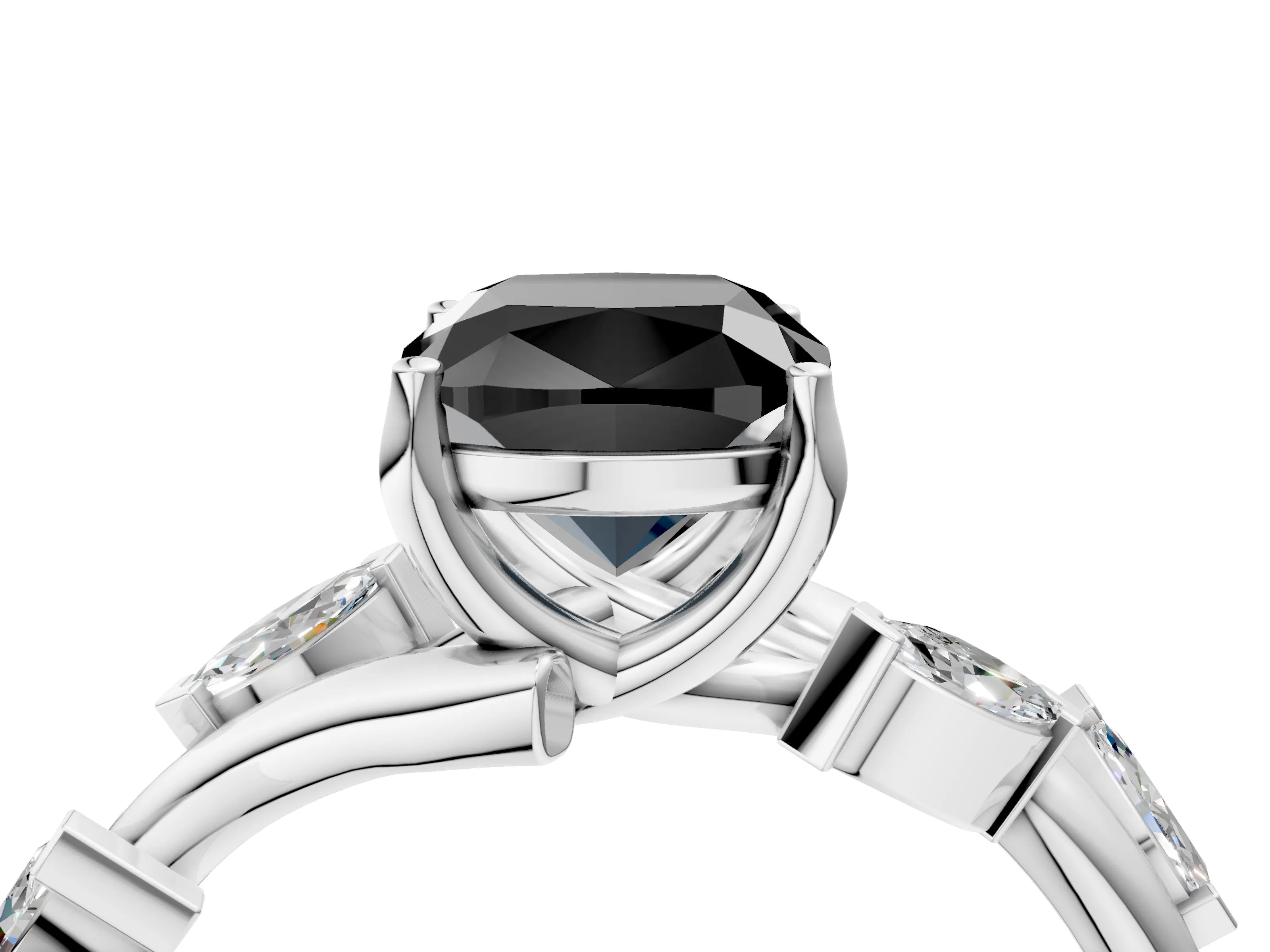 White gold Fancy Black Cushion Cut Solitaire Twisted Band Marquise Accent Prong Setting Ring_4