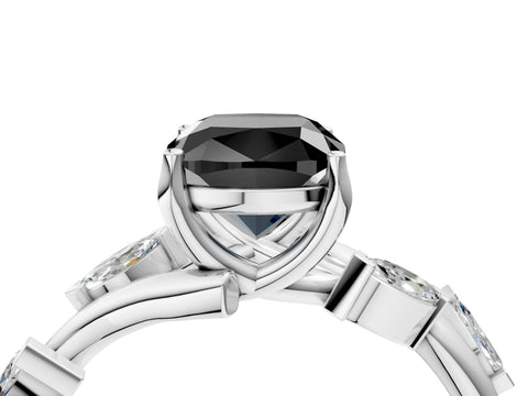 White gold Fancy Black Cushion Cut Solitaire Twisted Band Marquise Accent Prong Setting Ring_4