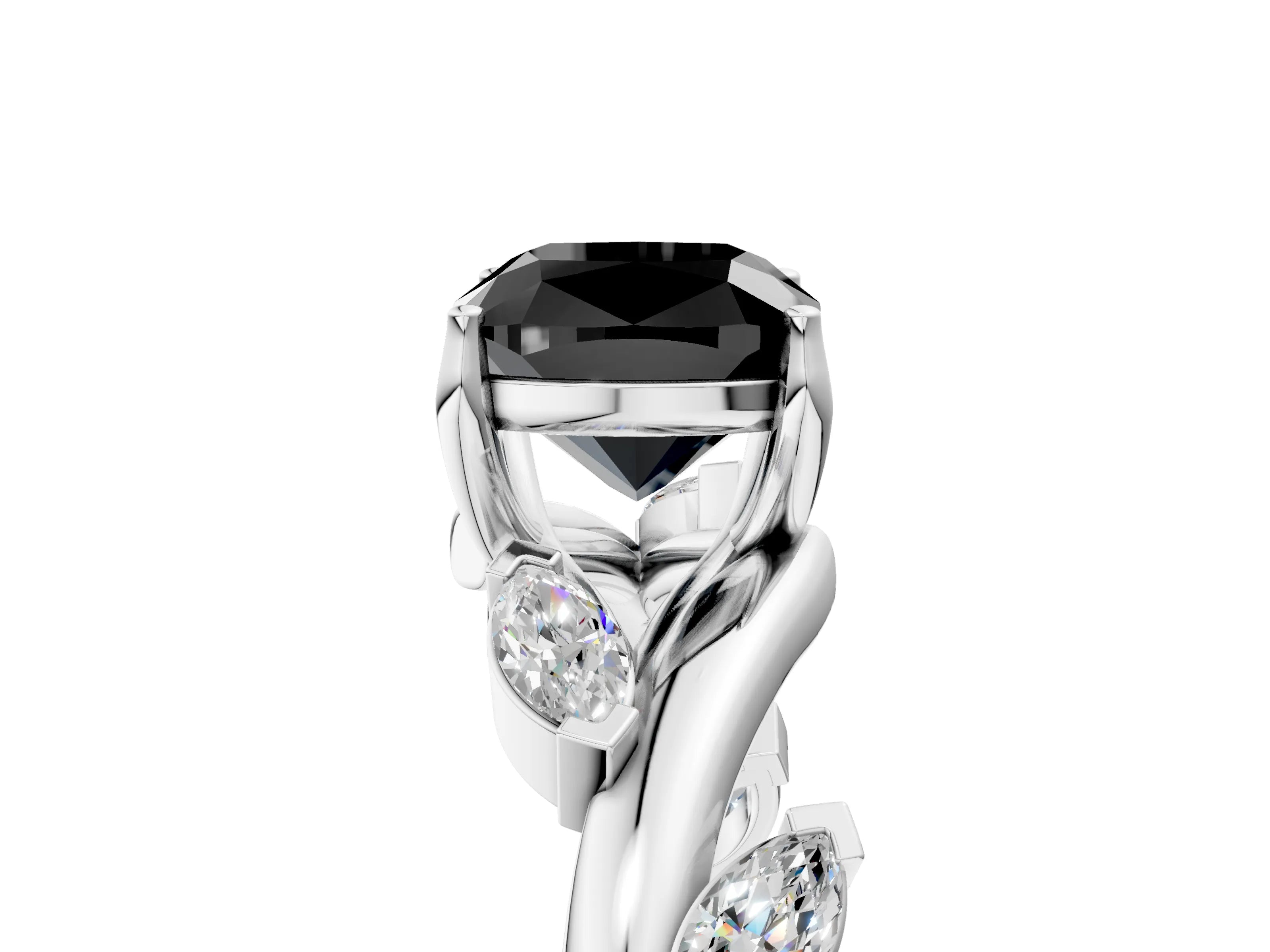 White gold Fancy Black Cushion Cut Solitaire Twisted Band Marquise Accent Prong Setting Ring_5