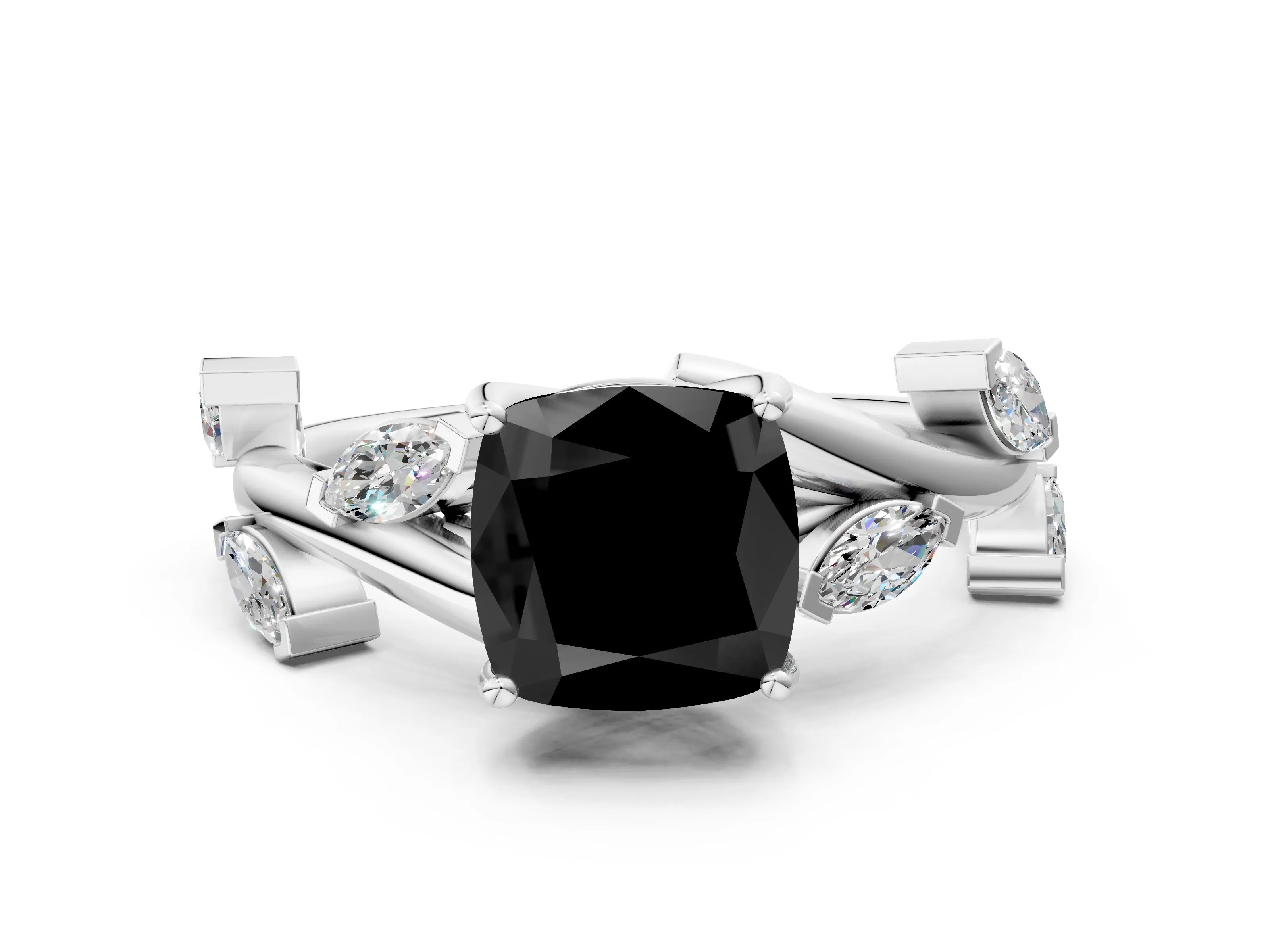 White gold Fancy Black Cushion Cut Solitaire Twisted Band Marquise Accent Prong Setting Ring