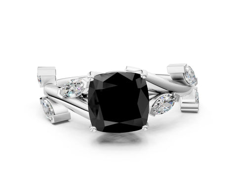 White gold Fancy Black Cushion Cut Solitaire Twisted Band Marquise Accent Prong Setting Ring