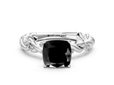 White gold Fancy Black Cushion Cut Solitaire Twisted Band with Pavé Accents and Four-Prong Setting