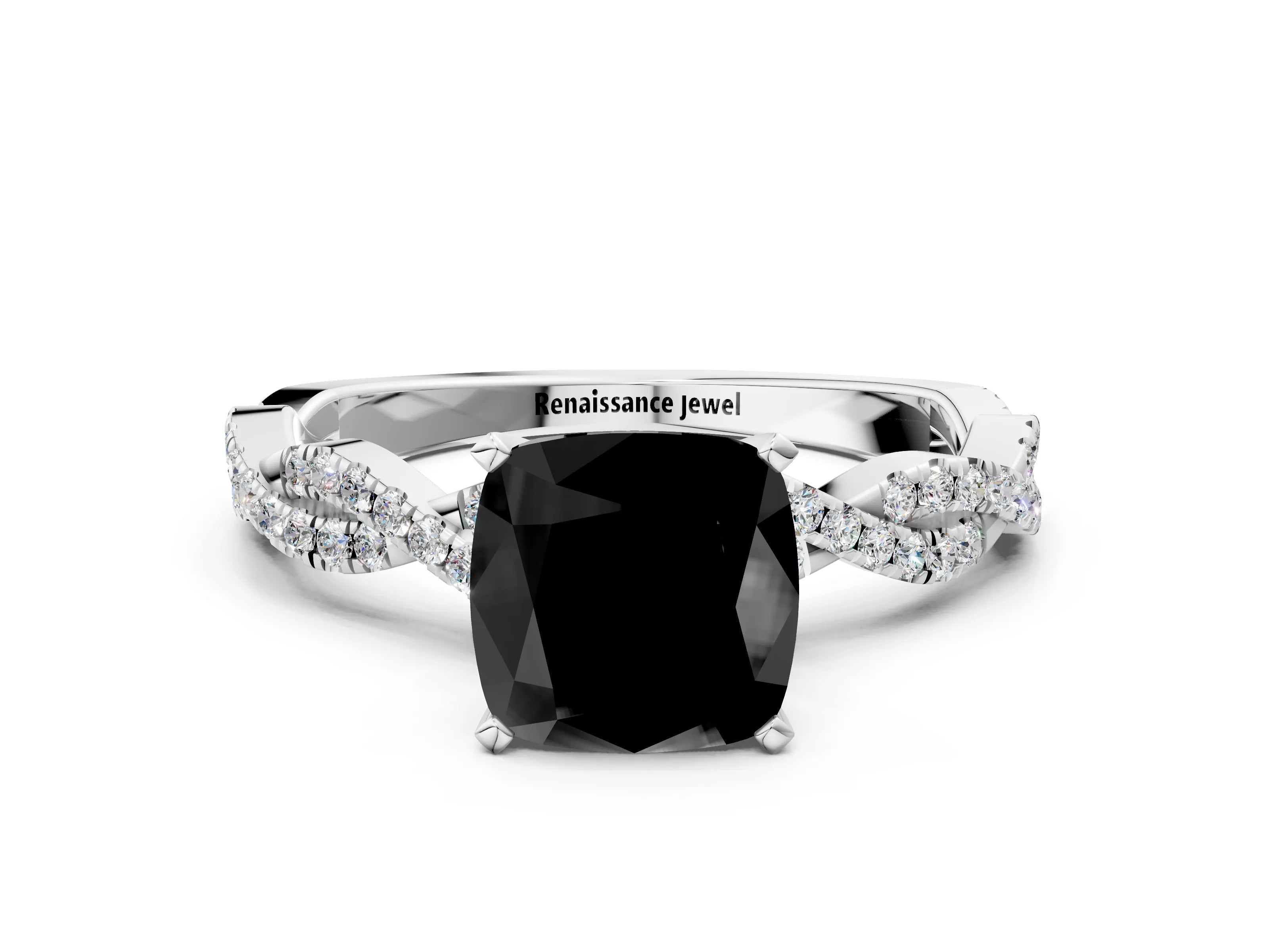 White gold Fancy Black Cushion Cut Solitaire Twisted Pave Band with Four-Prong Setting_15