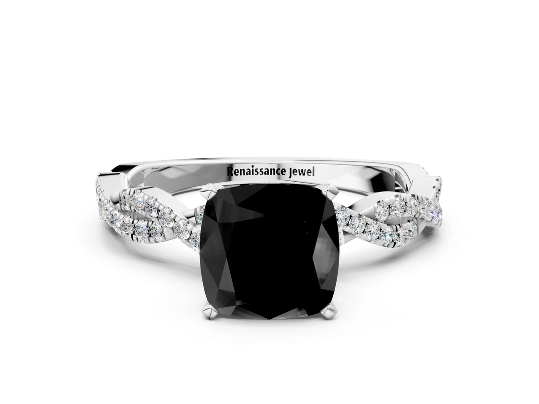 White gold Fancy Black Cushion Cut Solitaire Twisted Pave Band with Four-Prong Setting_15