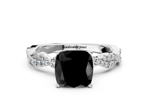 White gold Fancy Black Cushion Cut Solitaire Twisted Pave Band with Four-Prong Setting_15
