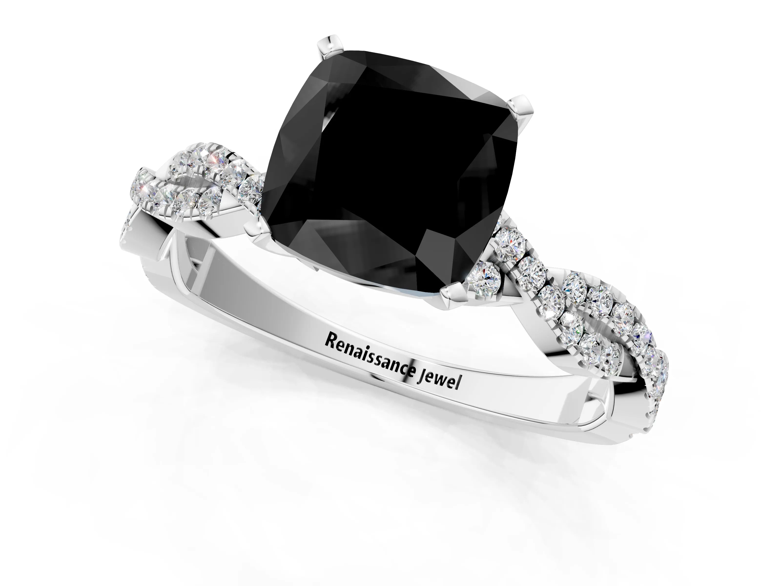 White gold Fancy Black Cushion Cut Solitaire Twisted Pave Band with Four-Prong Setting_16