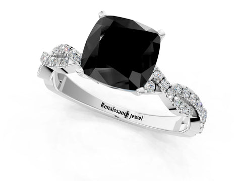 White gold Fancy Black Cushion Cut Solitaire Twisted Pave Band with Four-Prong Setting_16