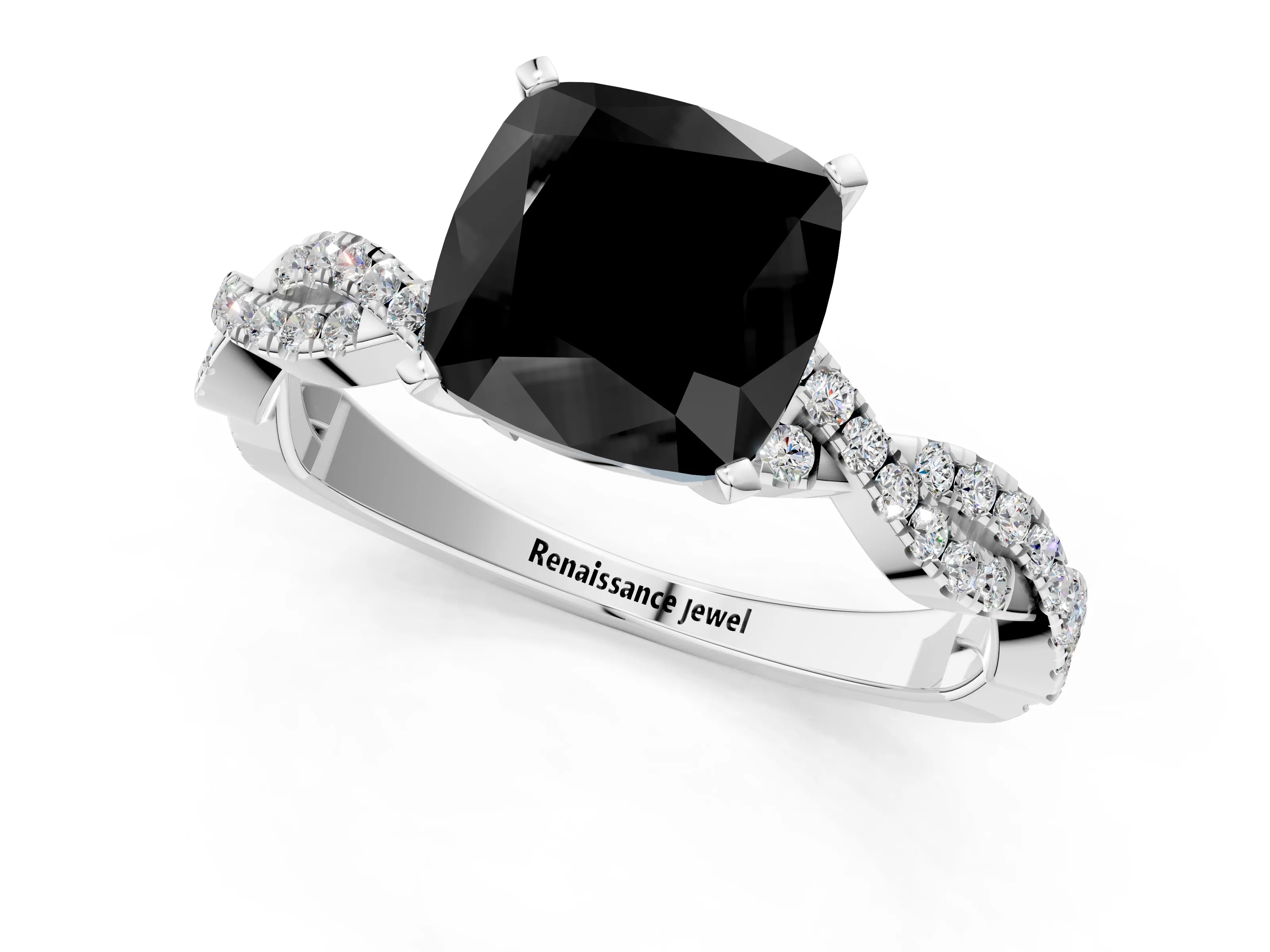 White gold Fancy Black Cushion Cut Solitaire Twisted Pave Band with Four-Prong Setting_4