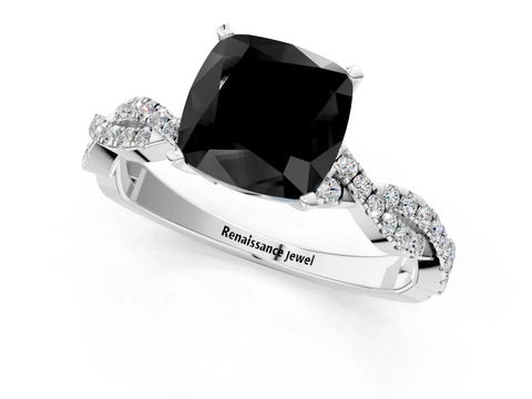 White gold Fancy Black Cushion Cut Solitaire Twisted Pave Band with Four-Prong Setting_4