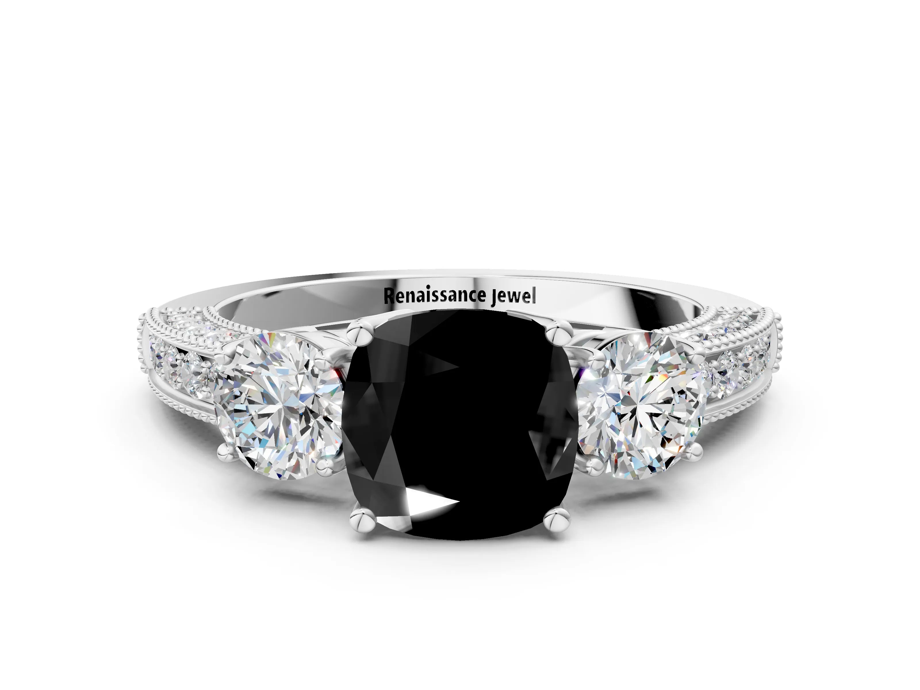 White gold Fancy Black Cushion Cut Three-Stone Diamond Ring with Pavé Band and Four-Prong Setting_12