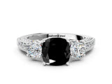 White gold Fancy Black Cushion Cut Three-Stone Diamond Ring with Pavé Band and Four-Prong Setting_12