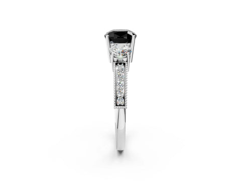 White gold Fancy Black Cushion Cut Three-Stone Diamond Ring with Pavé Band and Four-Prong Setting_14