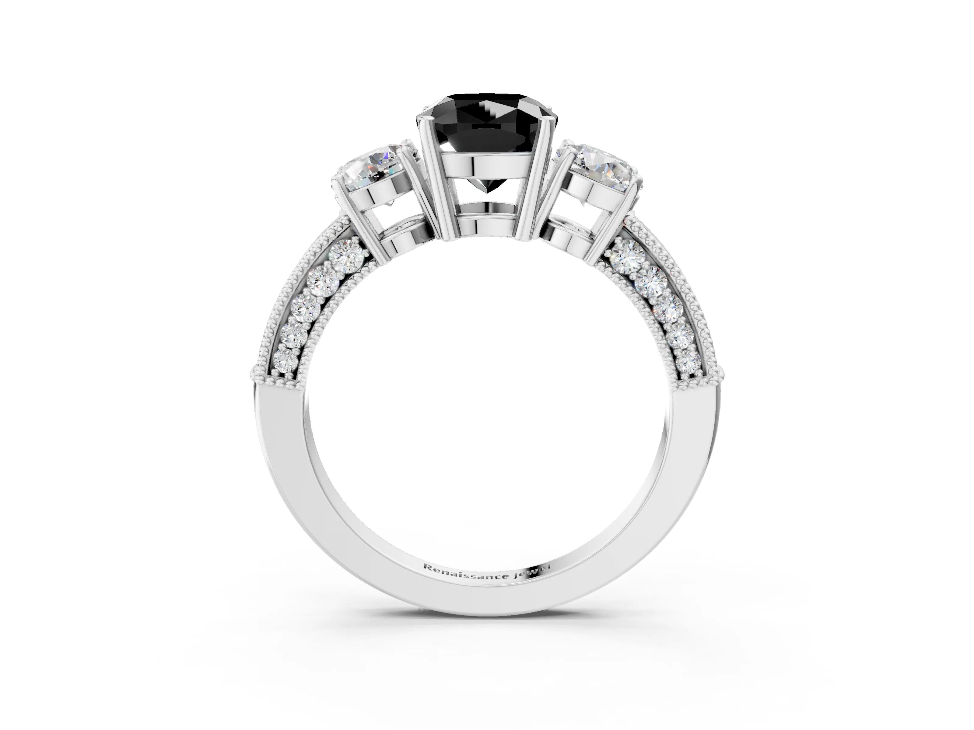 White gold Fancy Black Cushion Cut Three-Stone Diamond Ring with Pavé Band and Four-Prong Setting_15