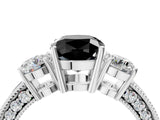 White gold Fancy Black Cushion Cut Three-Stone Diamond Ring with Pavé Band and Four-Prong Setting_16