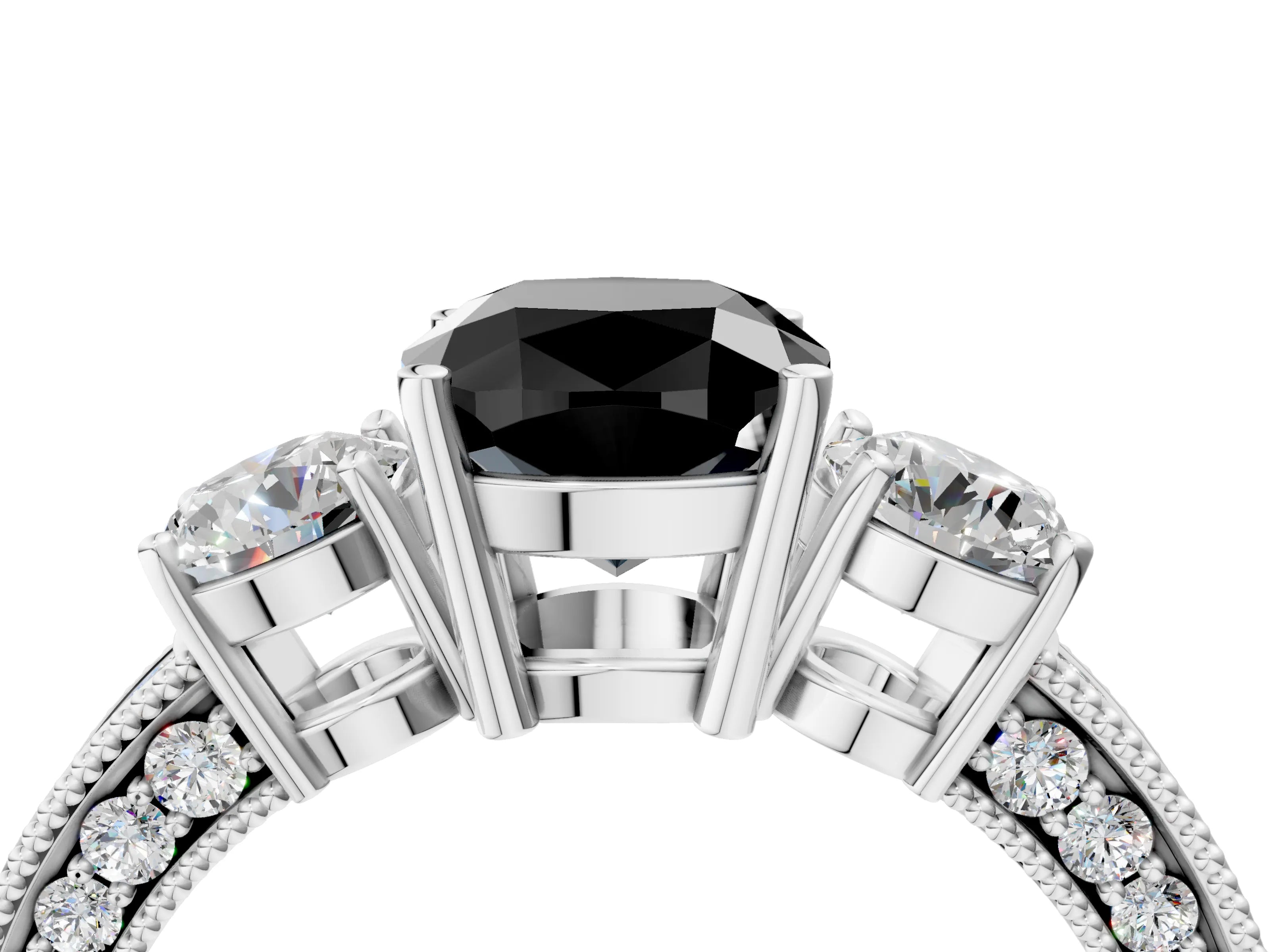 White gold Fancy Black Cushion Cut Three-Stone Diamond Ring with Pavé Band and Four-Prong Setting_16