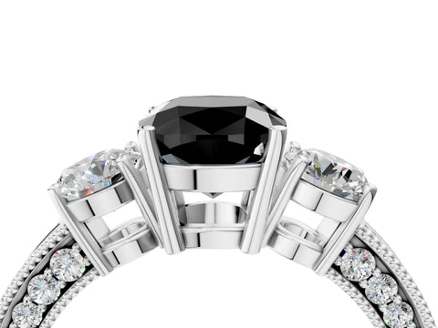 White gold Fancy Black Cushion Cut Three-Stone Diamond Ring with Pavé Band and Four-Prong Setting_16