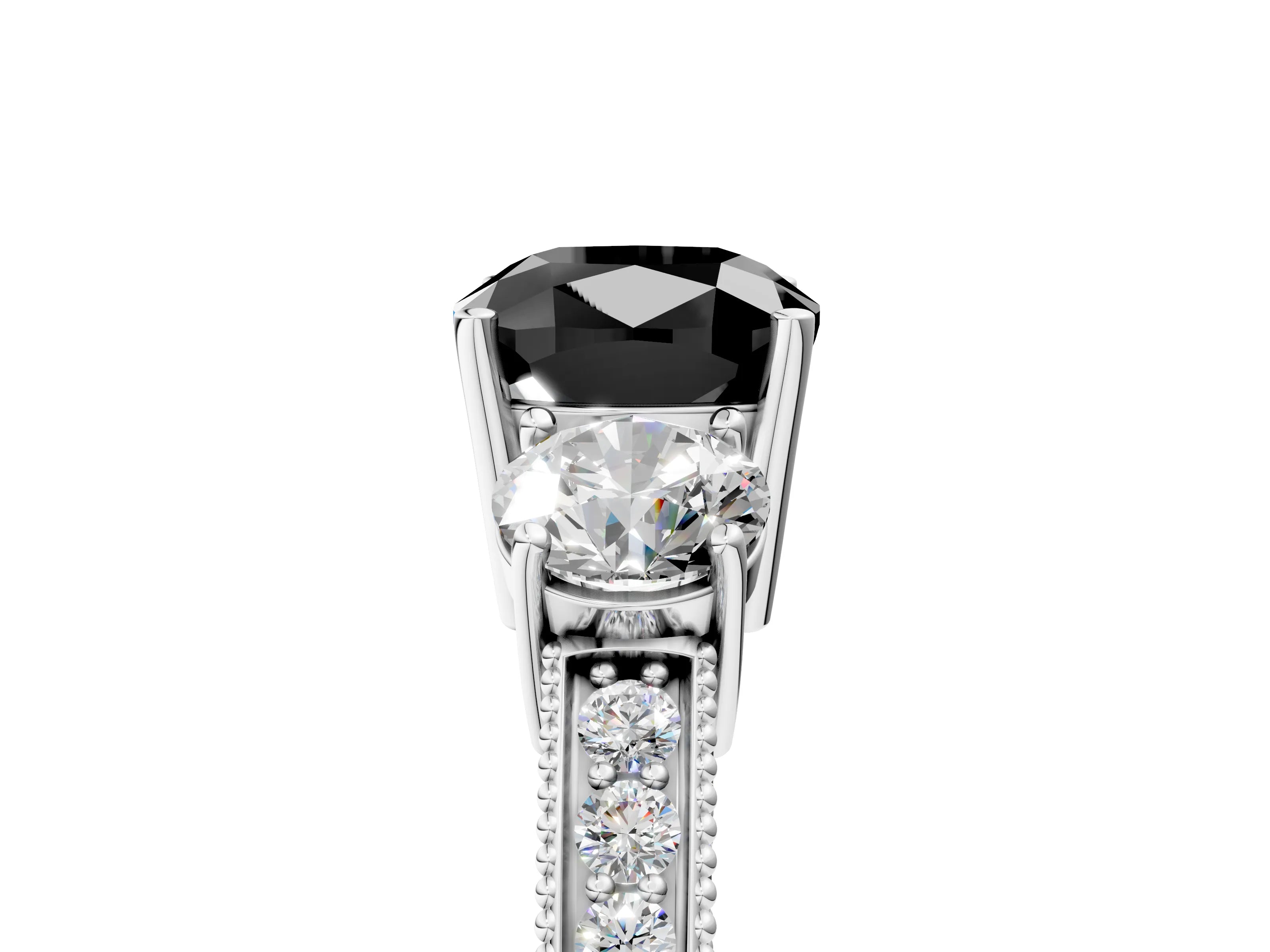 White gold Fancy Black Cushion Cut Three-Stone Diamond Ring with Pavé Band and Four-Prong Setting_17