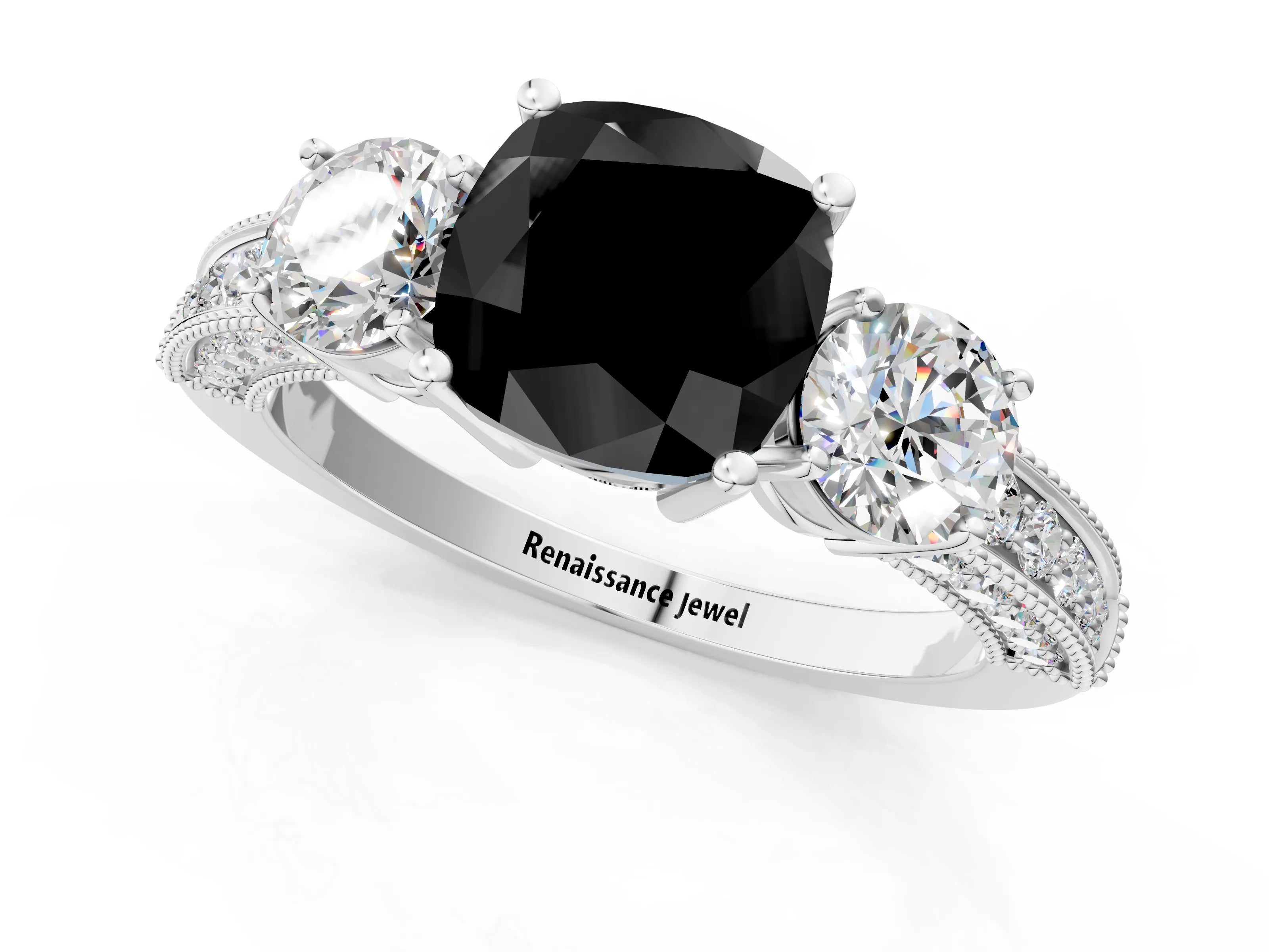 White gold Fancy Black Cushion Cut Three-Stone Diamond Ring with Pavé Band and Four-Prong Setting_19