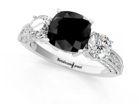 White gold Fancy Black Cushion Cut Three-Stone Diamond Ring with Pavé Band and Four-Prong Setting_19
