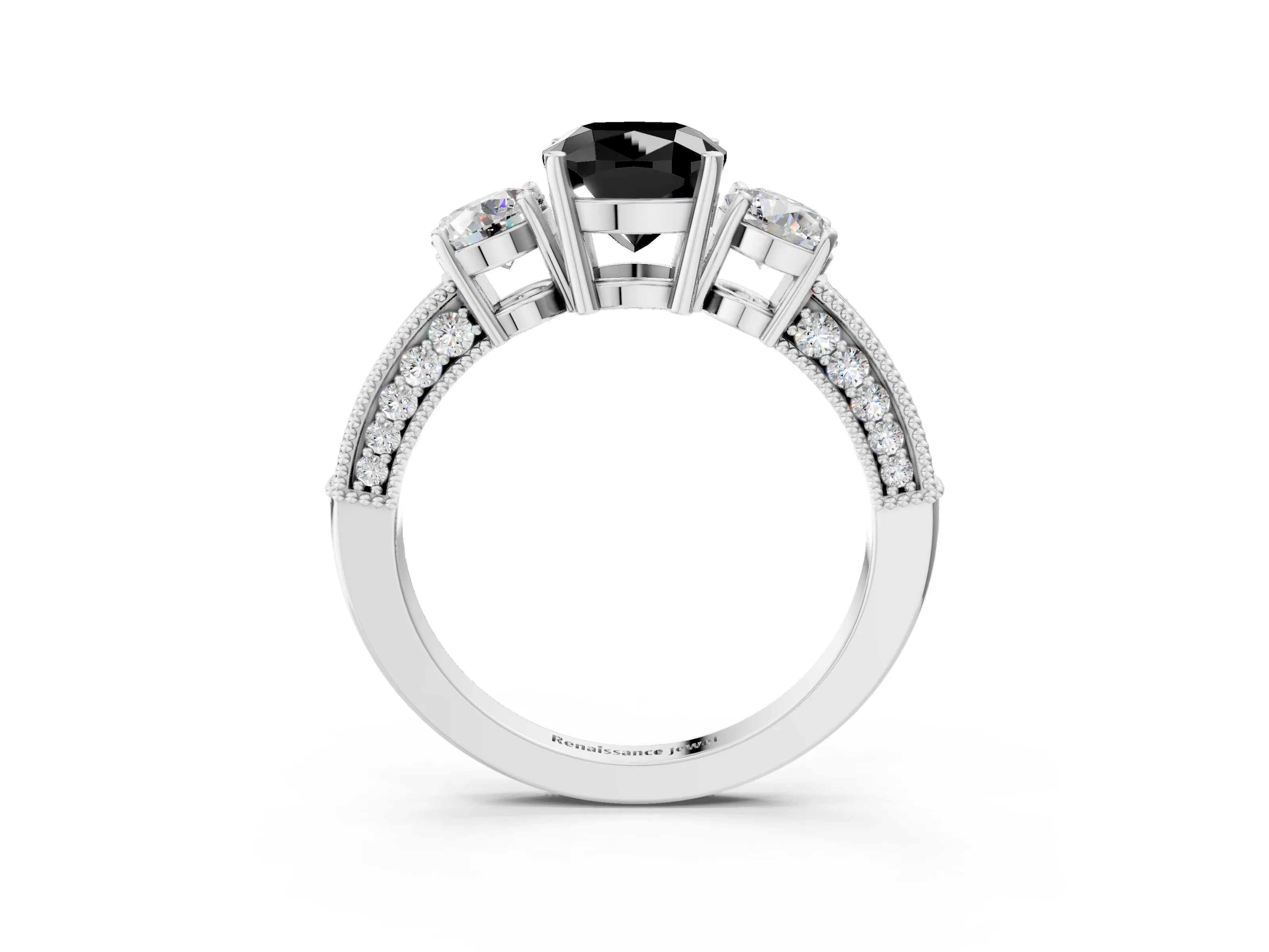 White gold Fancy Black Cushion Cut Three-Stone Diamond Ring with Pavé Band and Four-Prong Setting_21