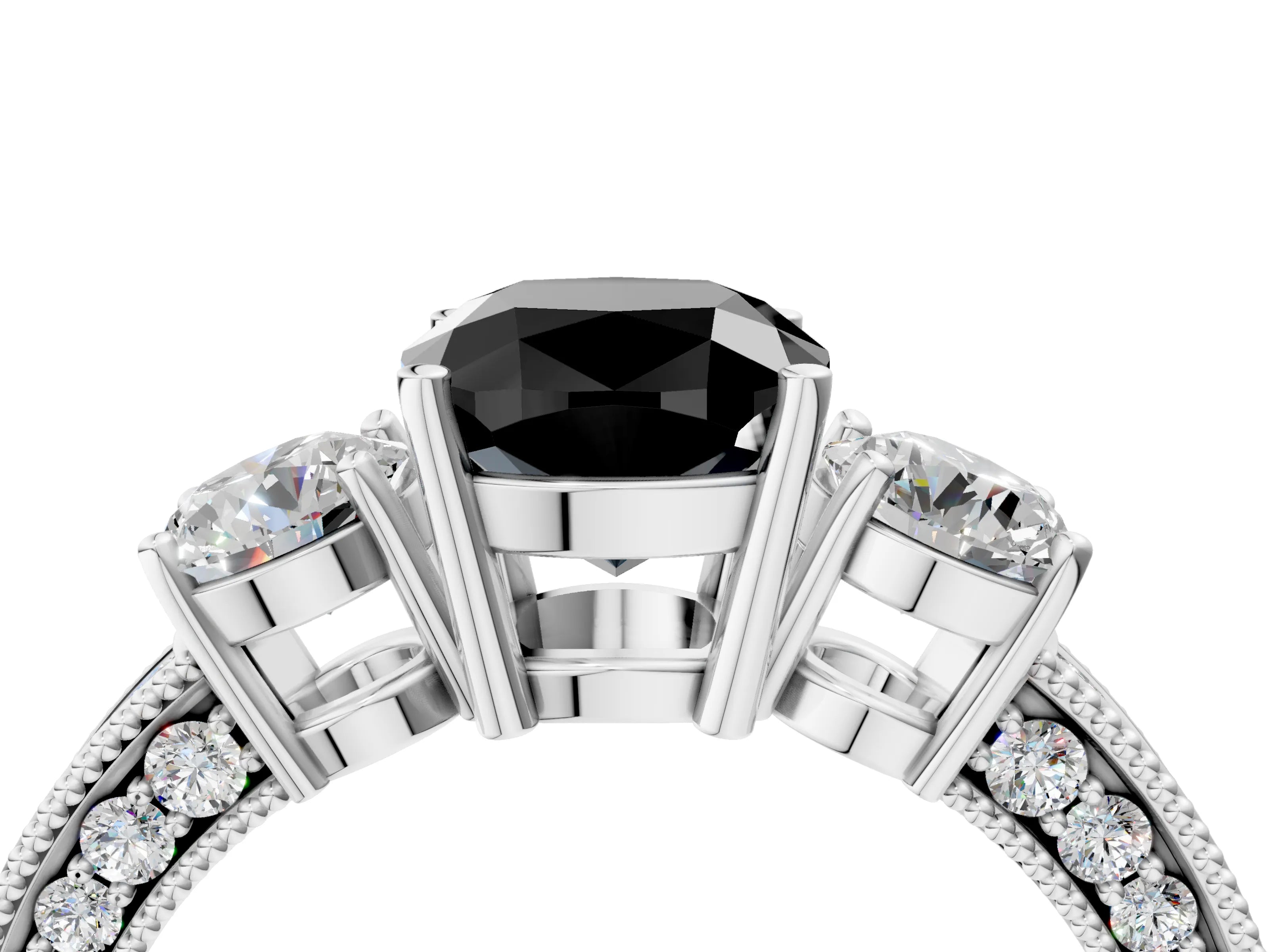 White gold Fancy Black Cushion Cut Three-Stone Diamond Ring with Pavé Band and Four-Prong Setting_22