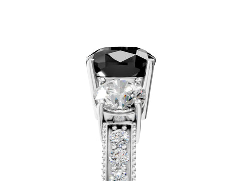 White gold Fancy Black Cushion Cut Three-Stone Diamond Ring with Pavé Band and Four-Prong Setting_23