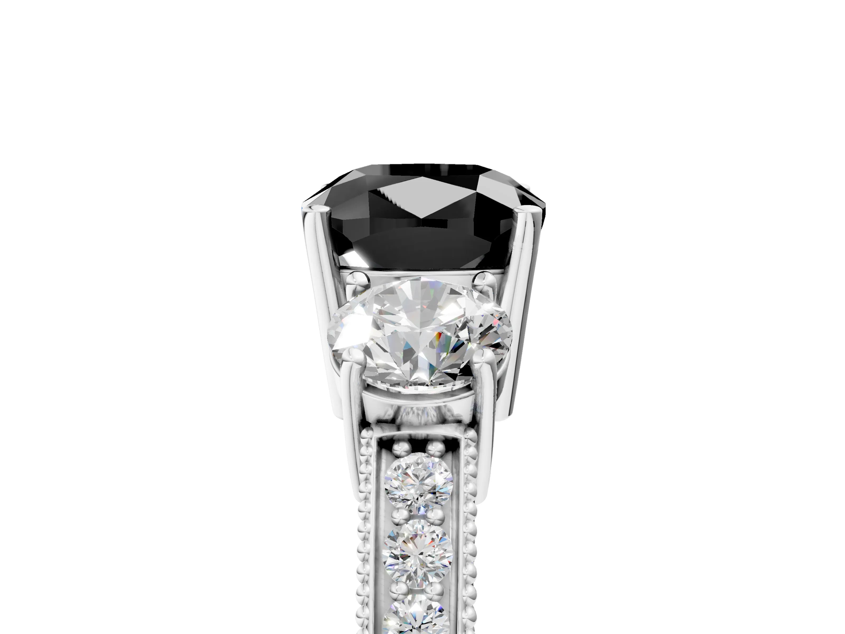 White gold Fancy Black Cushion Cut Three-Stone Diamond Ring with Pavé Band and Four-Prong Setting_23