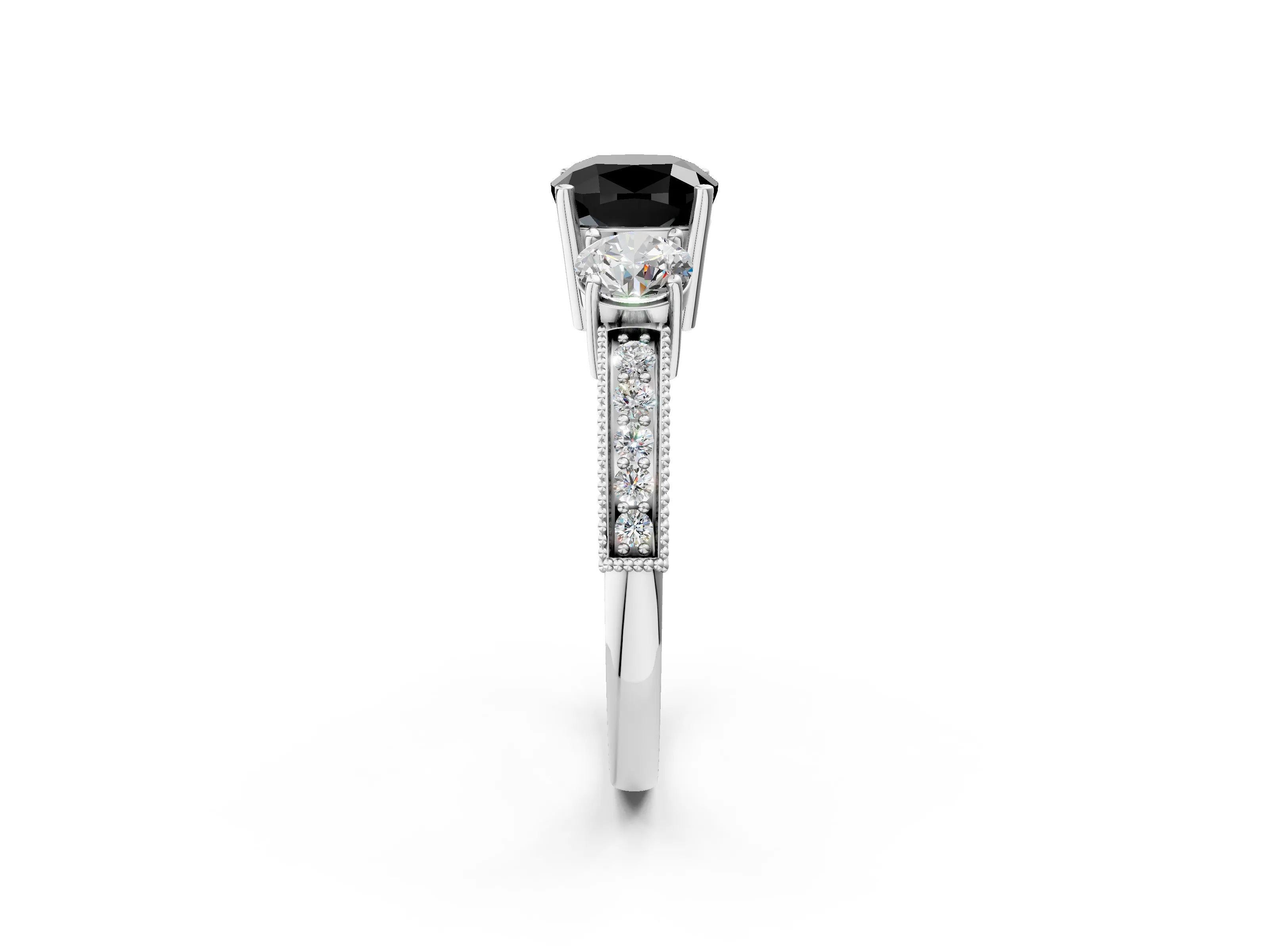 White gold Fancy Black Cushion Cut Three-Stone Diamond Ring with Pavé Band and Four-Prong Setting_2