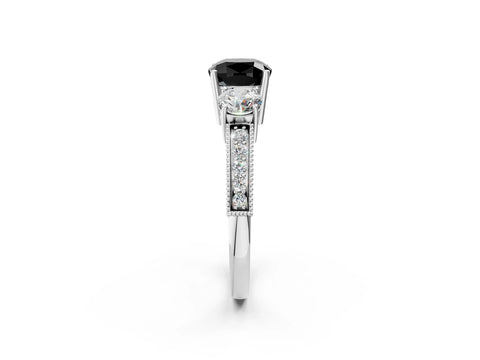 White gold Fancy Black Cushion Cut Three-Stone Diamond Ring with Pavé Band and Four-Prong Setting_2