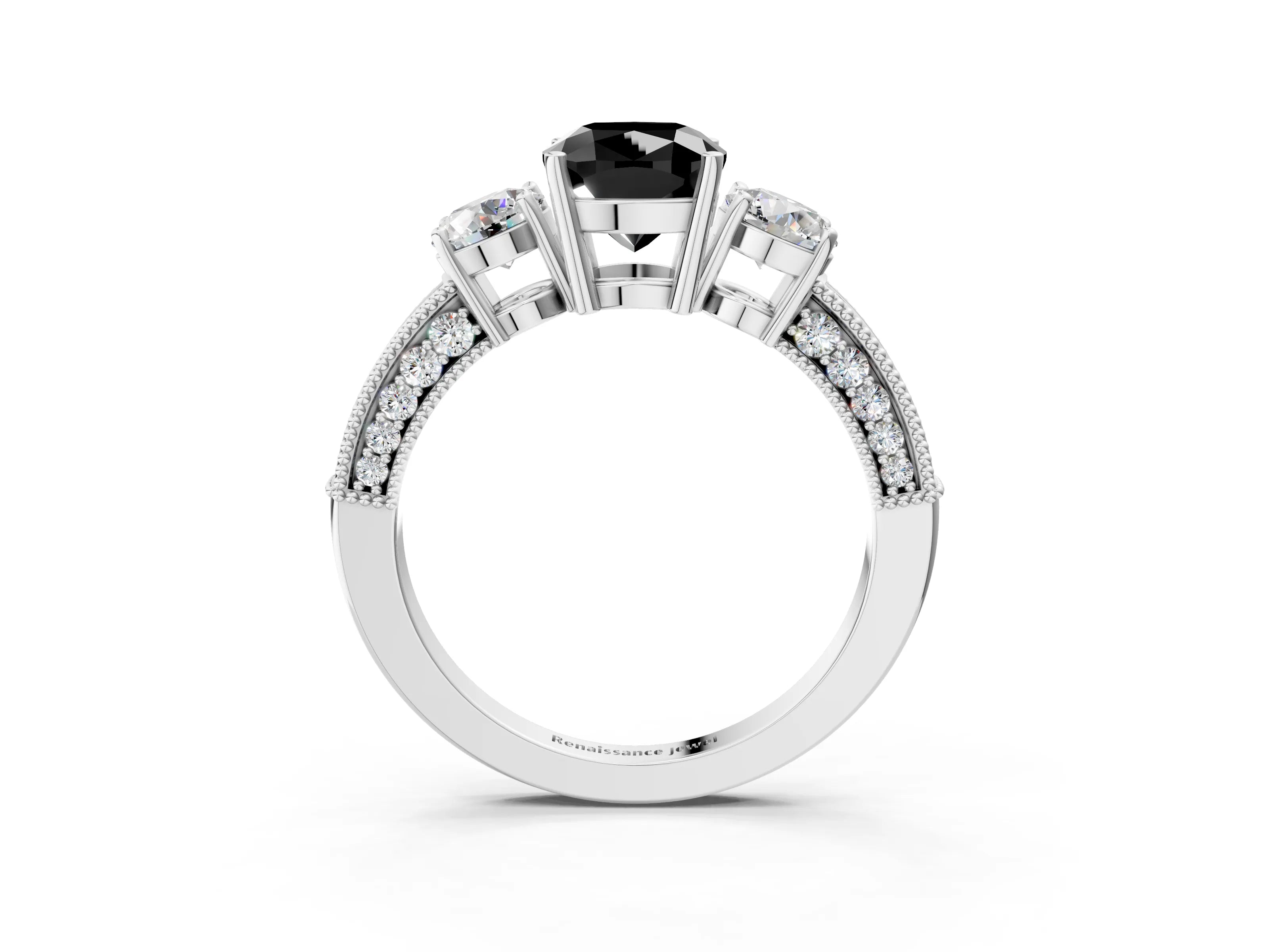 White gold Fancy Black Cushion Cut Three-Stone Diamond Ring with Pavé Band and Four-Prong Setting_3