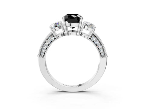 White gold Fancy Black Cushion Cut Three-Stone Diamond Ring with Pavé Band and Four-Prong Setting_3