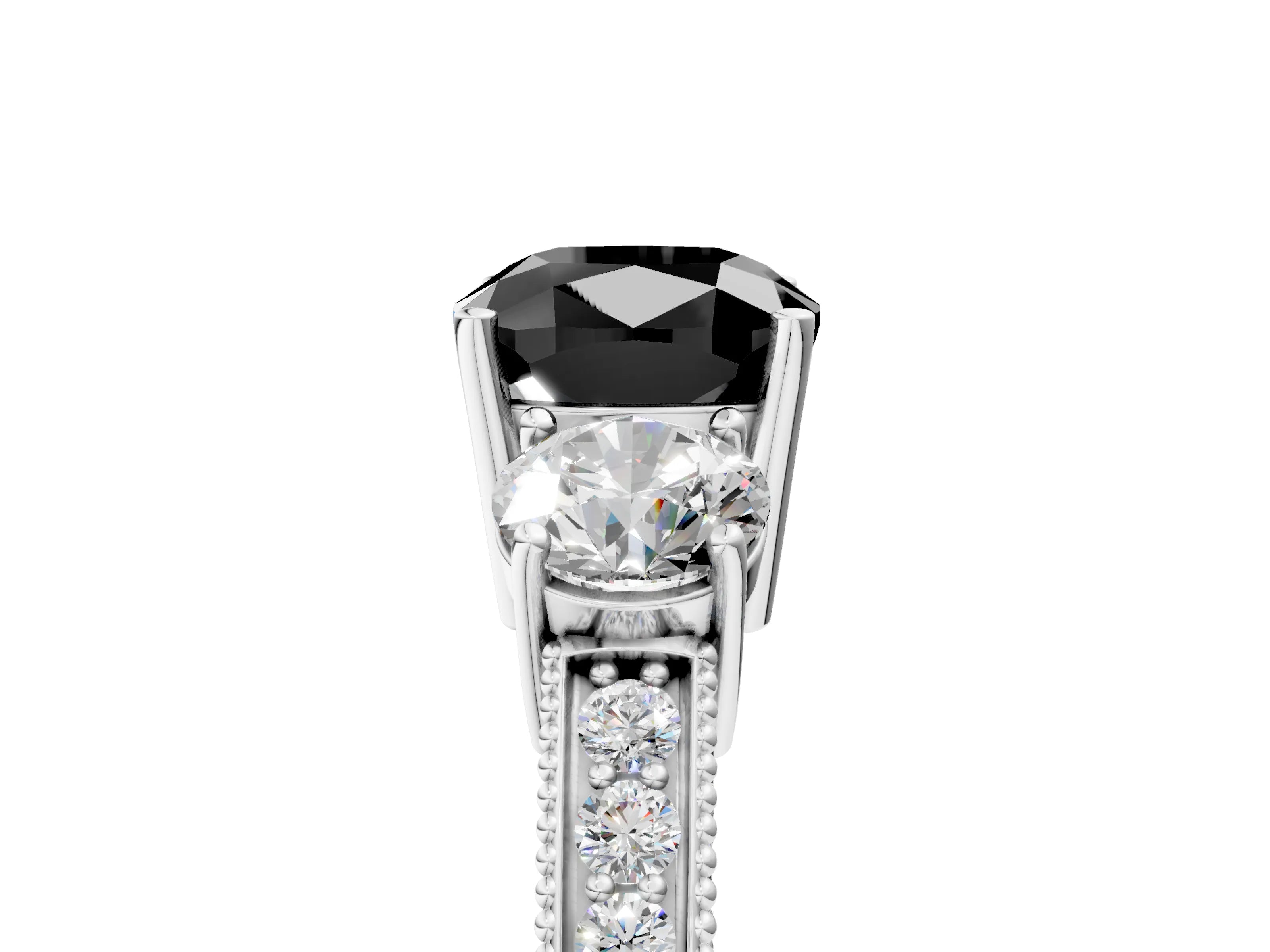 White gold Fancy Black Cushion Cut Three-Stone Diamond Ring with Pavé Band and Four-Prong Setting_5