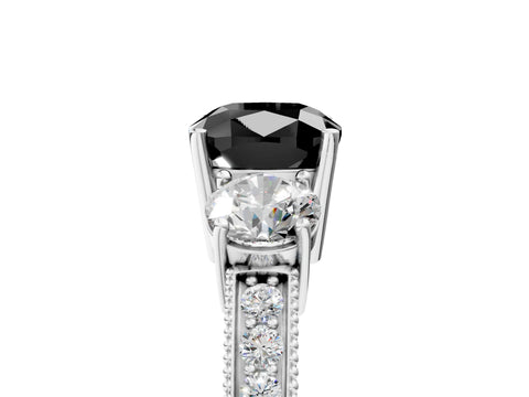 White gold Fancy Black Cushion Cut Three-Stone Diamond Ring with Pavé Band and Four-Prong Setting_5