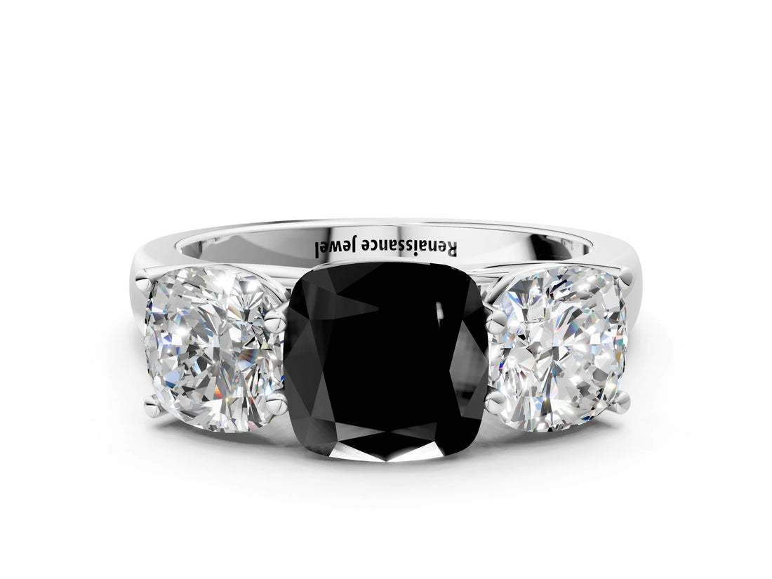 White gold Fancy Black Cushion Cut Three-Stone Diamond Ring with Prong Setting on a Classic Band_12