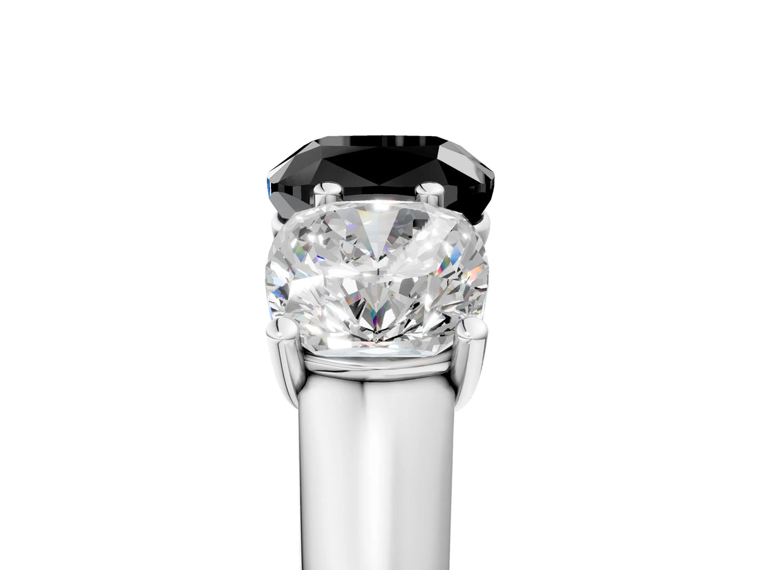 White gold Fancy Black Cushion Cut Three-Stone Diamond Ring with Prong Setting on a Classic Band_5