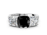 White gold Fancy Black Cushion Cut Three-Stone Diamond Ring with Prong Setting on a Classic Band_7