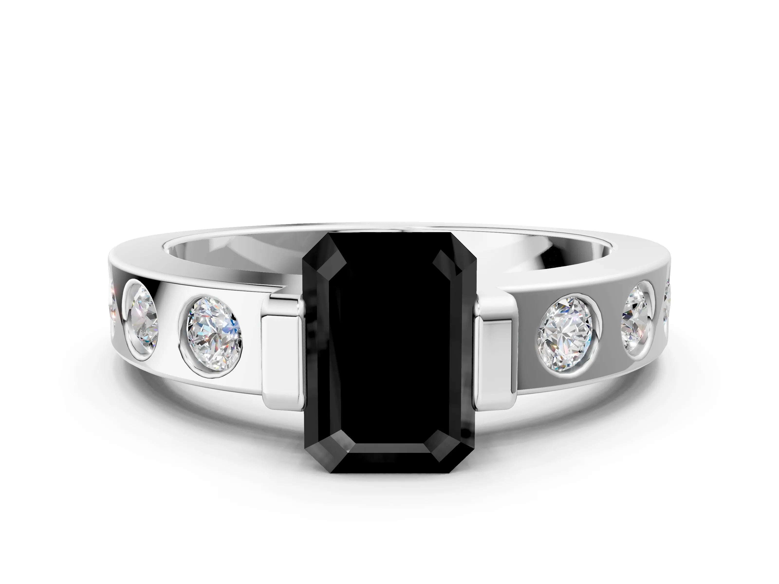 White gold Fancy Black Emerald Cut Brilliant Channel-Set Diamond Ring with Bezel Prong Setting_12