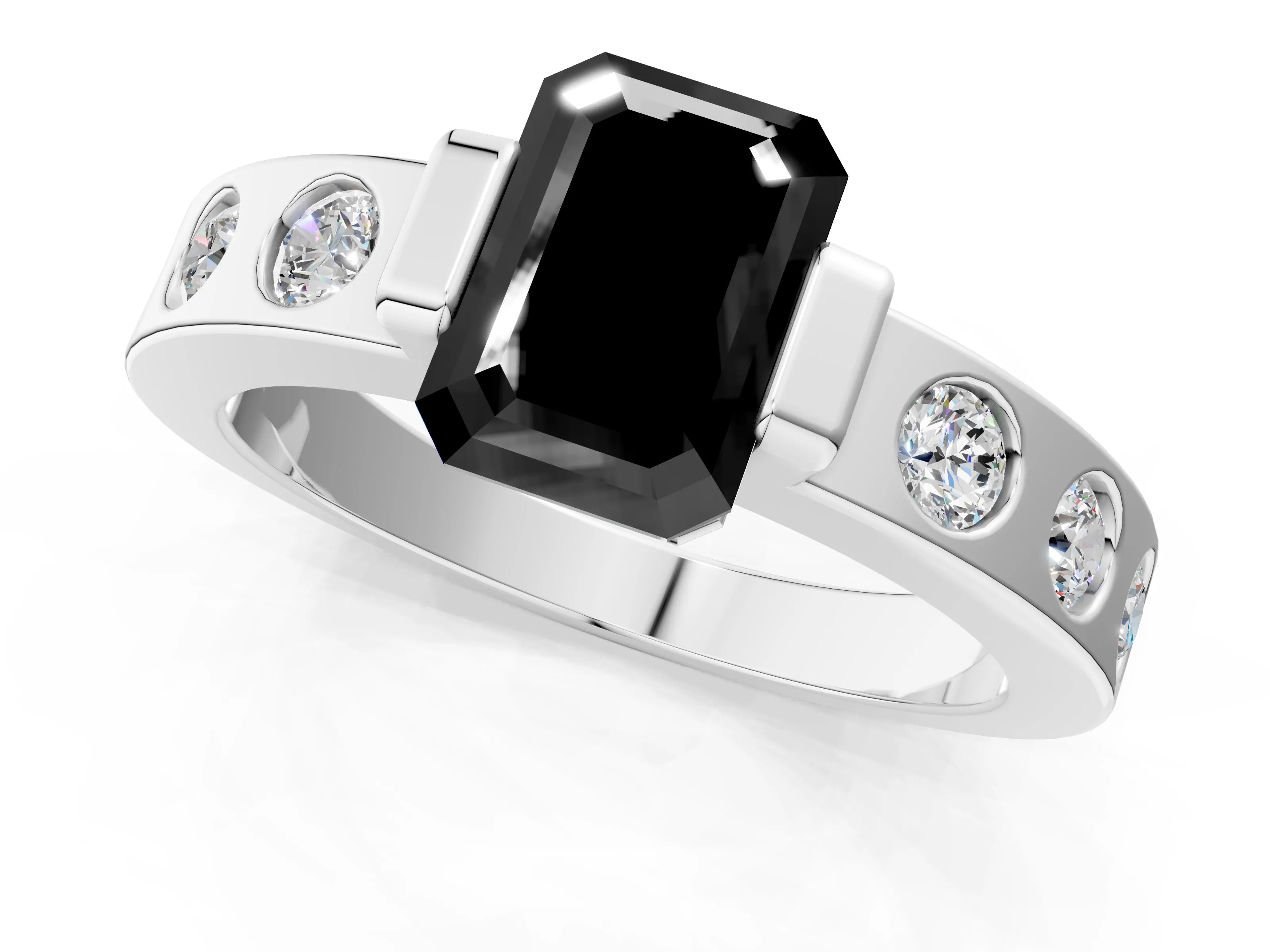 White gold Fancy Black Emerald Cut Brilliant Channel-Set Diamond Ring with Bezel Prong Setting_13