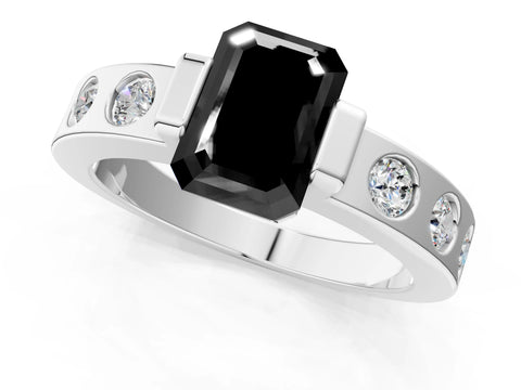 White gold Fancy Black Emerald Cut Brilliant Channel-Set Diamond Ring with Bezel Prong Setting_13
