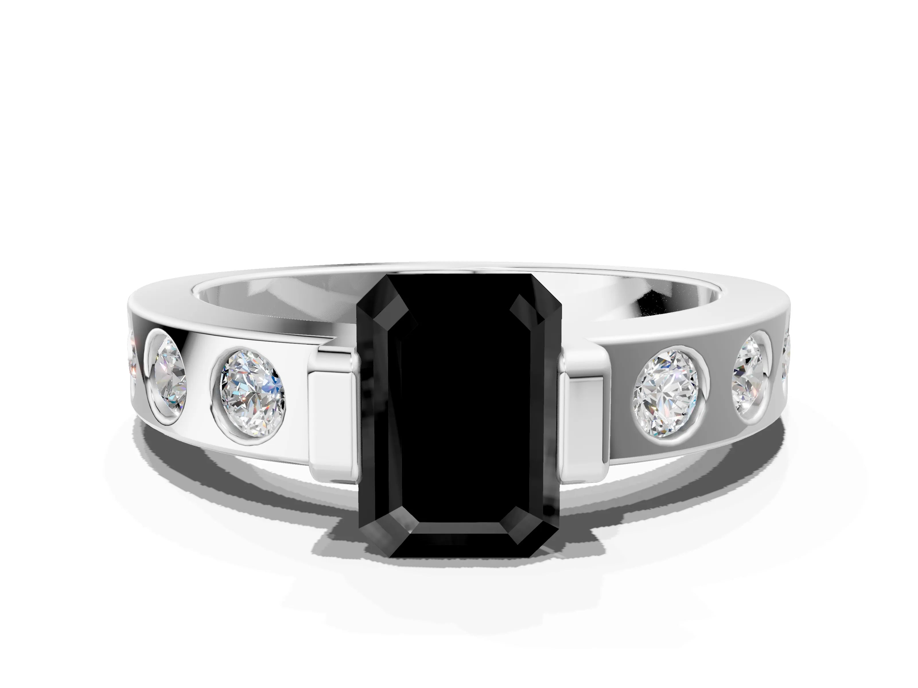 White gold Fancy Black Emerald Cut Brilliant Channel-Set Diamond Ring with Bezel Prong Setting